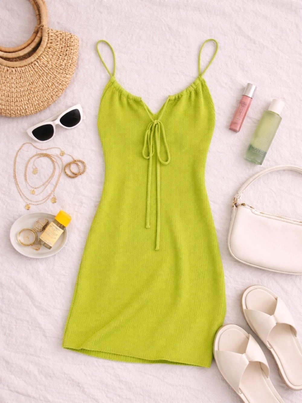 Forever 21 Knit Midi Dress Womens Small Lime Green Tie Front Sleeveless